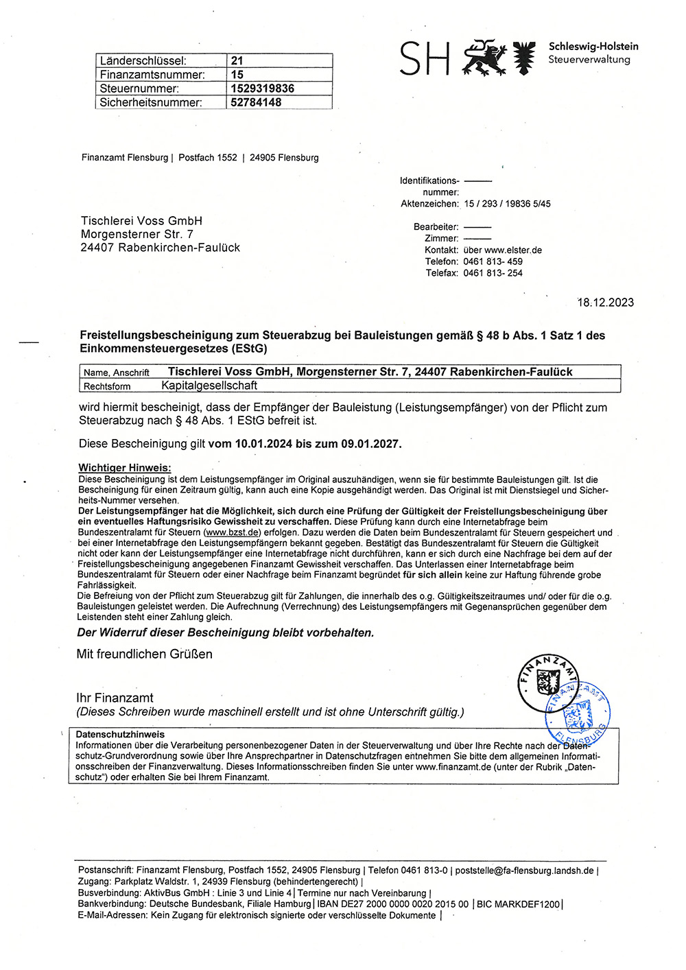 Freistellungsbescheinigung zum Steuerabzug bei Bauleistungen gemäß § 48 b Abs. 1 Satz 1 des Einkommensteuergesetzes (EStG)